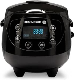 Reishunger Digital Mini Rice Cooker & Steamer, Black with Keep-Warm Function & Timer - 3.5 Cups - Small Rice Cooker Japanese Style with Ceramic Inner Pot - 8 Programs - 1-3 People