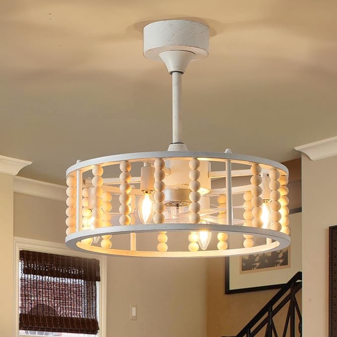 Epinl Caged Ceiling Fans with Lights - Farmhouse Flush Mount Ceiling Fan 4 Light E12 Remote Industrial Fandelier 19" Height Adjustable Boho Indoor Ceiling Light Fixtures for Bedroom Living Room