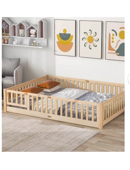 Queen Size Floor Bed for Kids, Wood Queen Montessori Bed Frame with Fence Guardrails and & Support Slats, Queen Playhouse Bed with Door Design, Kids Fence Bed Playpen Bed for Boys ,Girls, Natural