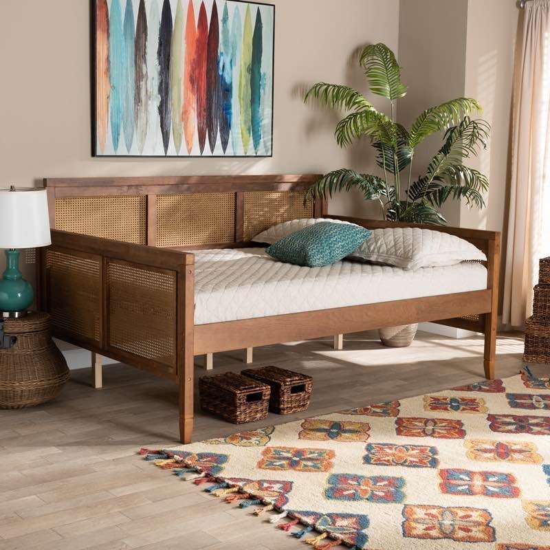 Baxton Studio MG0015-Ash Walnut Rattan-Daybed-Full Toveli 78 1/4 Inch Vintage French Inspired Wood and Synthetic Rattan Full Size Daybed - Ash Walnut (Incomplete box 1/2)