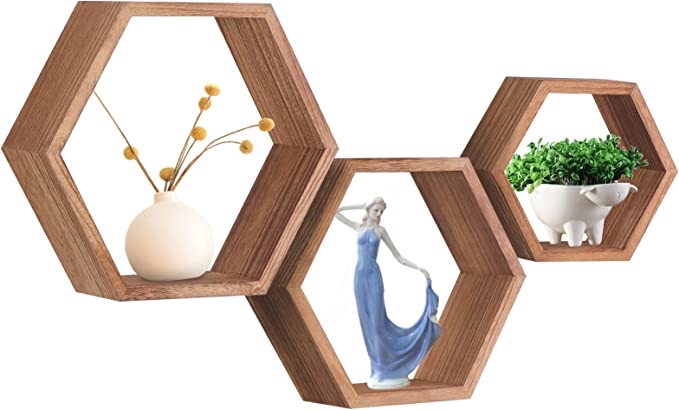Floating Hexagon Shelves,Honeycomb Shelves,Wall Mounted Hexagon Shelf,Rustic Wood Octagon Hanging Storage Shelves Set of 3 for Living Room Bedroom Bathroom Office Hexagonal Decor(Dark Brown)