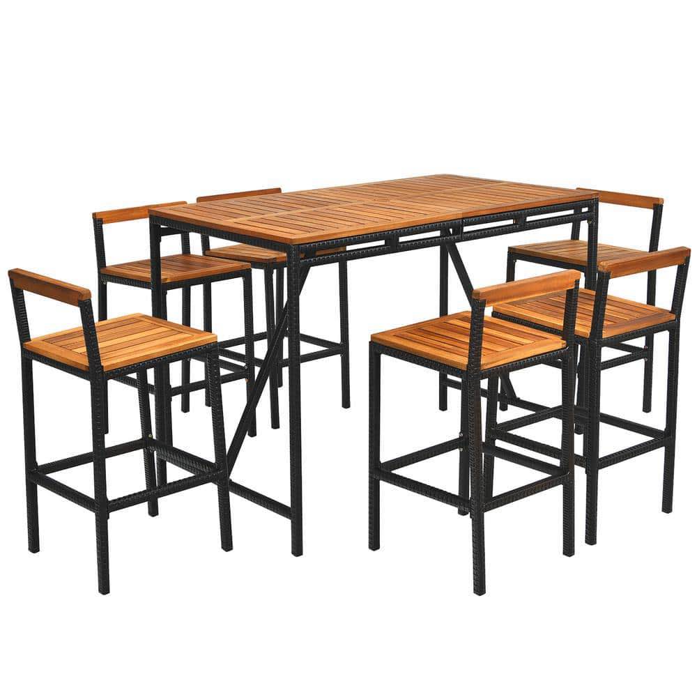 Costway 7-Pieces Wood Rectangular 39 in. Outdoor Dining Set Patio 