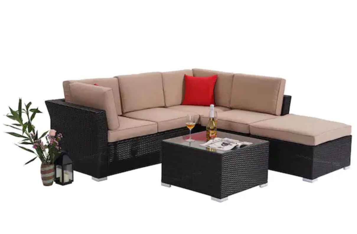 4-Pieces Wicker Rattan Outdoor Sofa Patio Conversation Set with Beige Cushions (Incomplete)