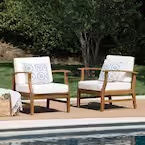 Teak Finish Acacia Wood Outdoor Lounge Chairs with Cream Cushion (2-Pack)