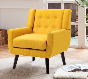 UIXE Comfy Arm Accent Chairs for Bedroom, Mid Century Modern Armchair Living Room Sofa Chair with Wooden Legs, Linen Fabric Button Tufted Upholstered Reading Chair for Home Office (Yellow)