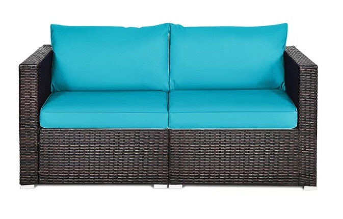 Costway 2PCS Patio Rattan Corner Sofa Sectional Furniture Blue Cushion