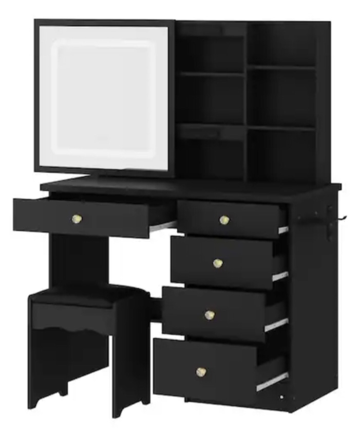 Black Makeup Vanity Set Dressing Table with Sliding LED Lighted Mirror Power Strip and Hair Dryer Holder, Drawers, Stool