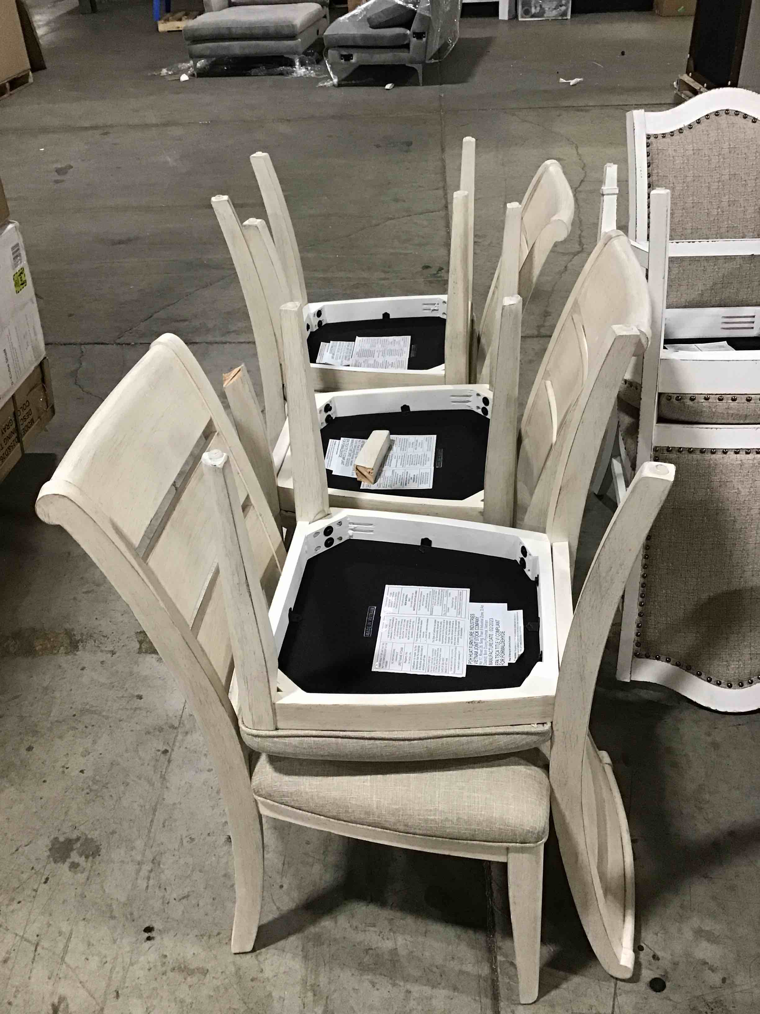 6 UPHOLSTERED AND WOOD 3 BOARD BACK BEIGE DINING CHAIRS 