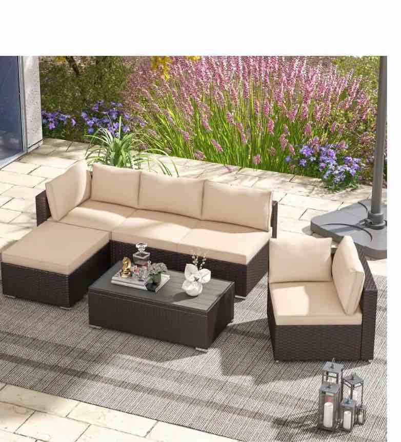 6-Piece Hand-Woven Wicker Patio Outdoor Sectional Sofa Conversation Set with Khaki Washable Cushions for Backyard(Incomplete Box 2/3)