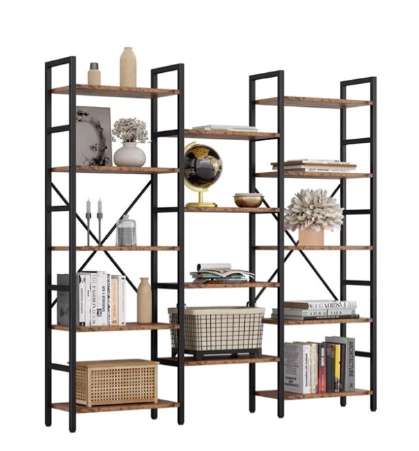 IRONCK Triple Wide 5 Tiers Industrial Bookshelf, Large Etagere Bookshelf Open Display Shelves with Metal Frame for Living Room Bedroom Home Office Vintage Brown