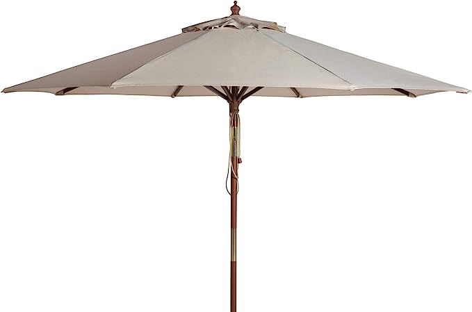 SAFAVIEH PAT8009A Collection Cannes Beige 9Ft Wooden Outdoor Umbrella, 9-Foot