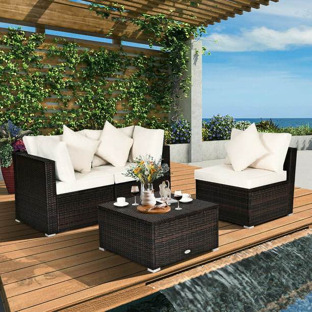 Costway 4PCS Patio Rattan Wicker Sofa Furniture Set Cushioned Conversation Ottoman Set(Incomplete box 1/3)