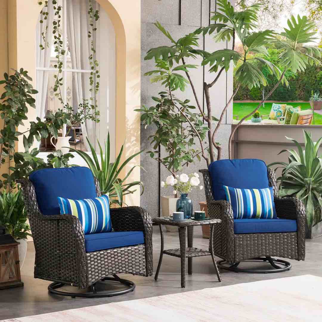 Ovios Patio Furniture Set 3-Piece with Swivel Chairs and Side Table Kenard (incomplete 2 cushions 2 black metal swivel bases)