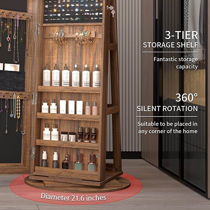 Kasibie Full Length Mirror Jewelry Cabinet 360° Swivel, Standing Mirror With Jewelry Storage, Lockable Jewelry Organizer with LED Lights (Retro Brown)