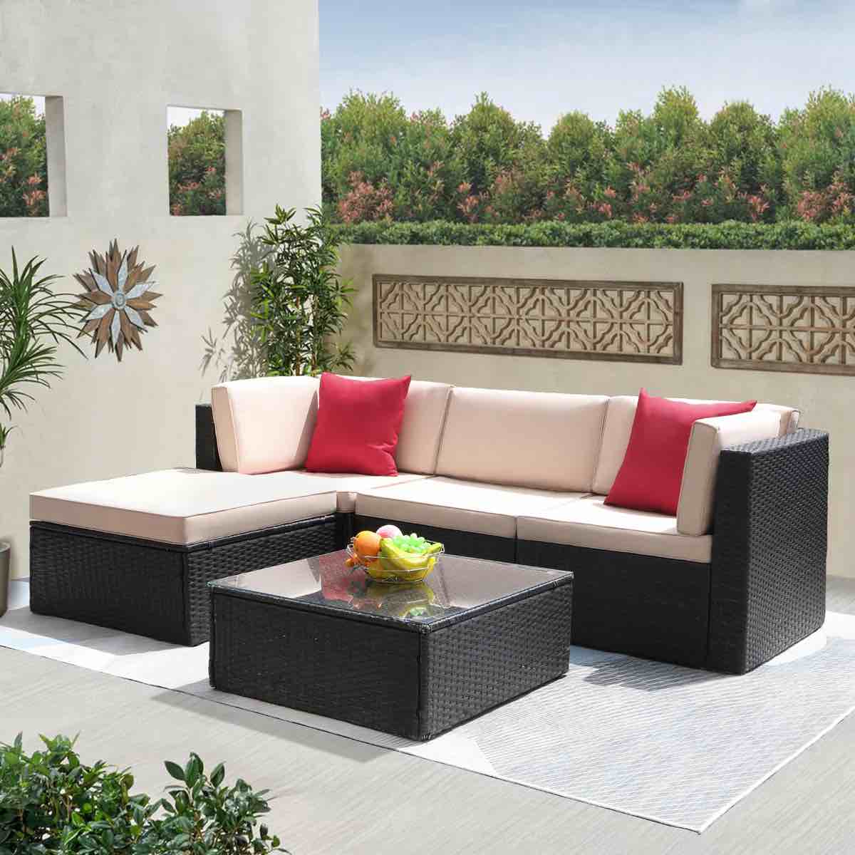 Furniwell 5 Pieces Patio Furniture Set All-weather Outdoor Sectional Couch Rattan Garden Small Patio Conversation Set with Glass Table (incomplete 1 box only consisting of 3 cushions)