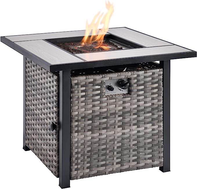 OVIOS 30 inch Gas Fire Pit Table Outdoor Wicker Rattan Square Gas Fire Table with Lid, 50,000 BTU, Patio Dinning Table for Outside Garden Backyard, Steel
