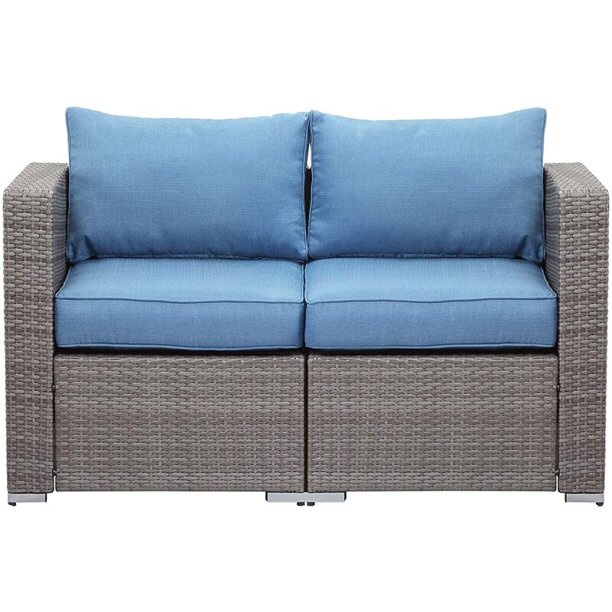 Sunvivi 2 PC Gray PE Wicker/ Rattan Outdoor Patio Furniture Corner Sofas in Blue
