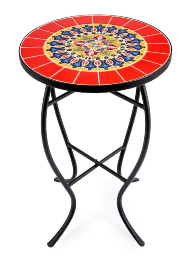 Merra Black Metal Mosaic Top Outdoor Side Table with Curved Legs, Red Pattern