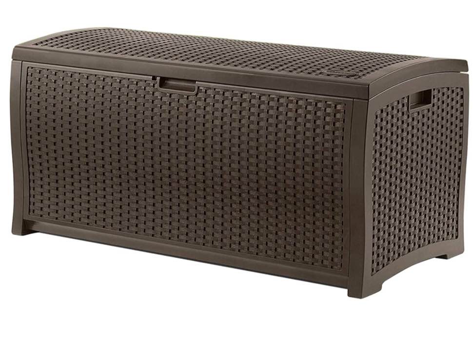 Suncast 99 Gallon Resin Wicker Patio Outdoor Storage Container for Toys, Furniture Deck box, Mocha