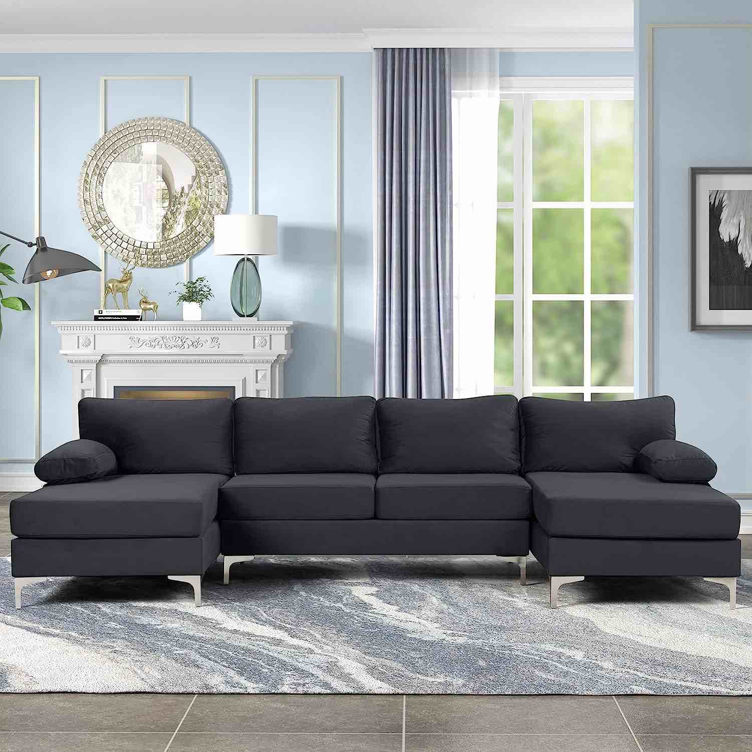 Casa AndreaMilano Modern Large Velvet Fabric U-Shape Sectional Sofa, Double Extra Wide Chaise Lounge Couch (incomplete, middle sofa cushions only)