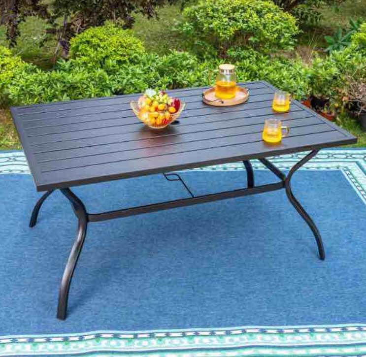 Black Slat Rectangle Metal Patio Outdoor Dining Table with 1.57 in. Umbrella Hole