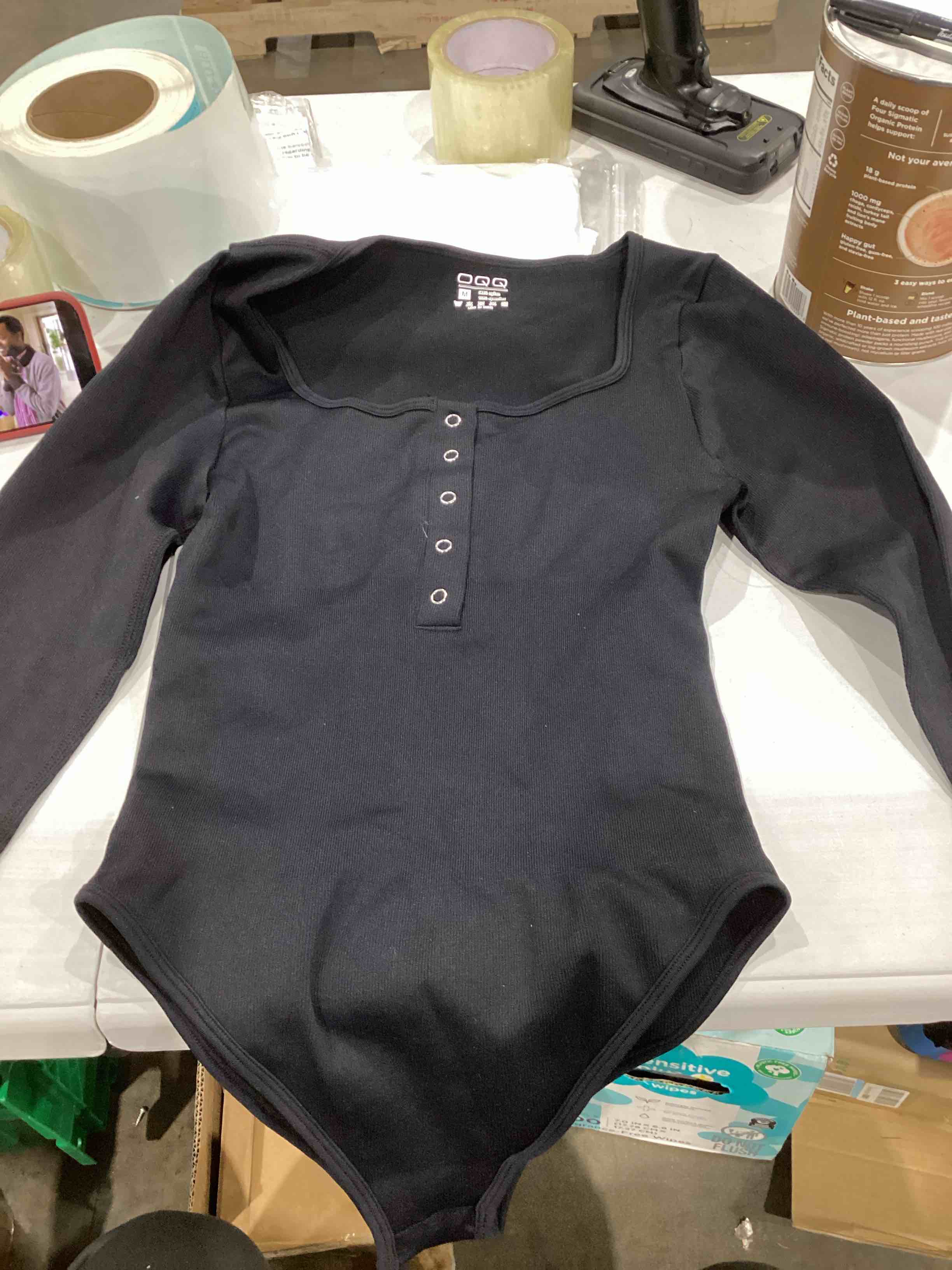 OQQ Women's Bodysuit Sexy Ribbed One Piece Long Sleeve Button Square Neck Tops Bodysuits