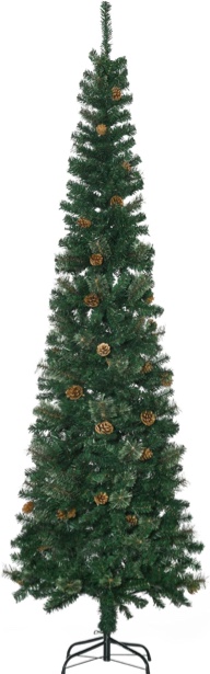 HOMCOM 7.5 Foot Pencil Artificial Christmas Tree, Slim Pine Needles Xmas Tree with Realistic Branches, Pine Cones, Metal Base, Green
