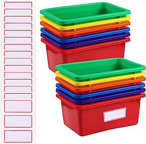Zonon 12 Pieces Plastic Cubby Bins Office Kids Storage Container Kids Toy Storage Organizer Bins with 1 Pack Self Adhesive Label for Classroom 