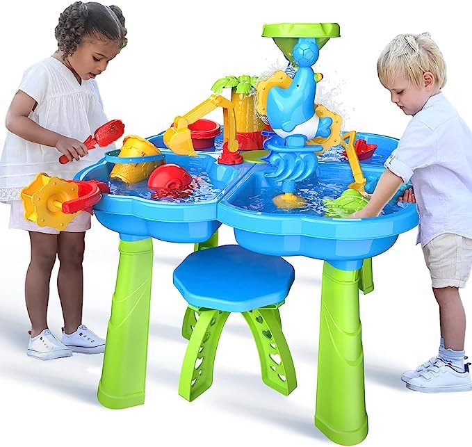 ConeWhale Sand Water Table, 4 in 1 Kids Table Activity Sensory Play Table Beach Sand Water Toy for Outdoor Backyard for Toddlers Age 3-5