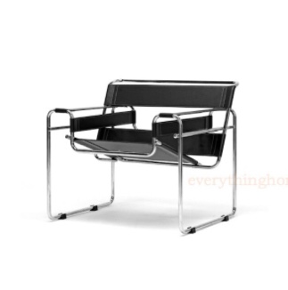 Black Faux Leather Strap and Chrome Bent Steel Tube Accent Lounge Chair