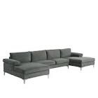 Velvet Fabric U-Shape Sectional Sofa with Double Extra Wide Chaise Lounge ,gray- incomplete 1 box of 3 only 
