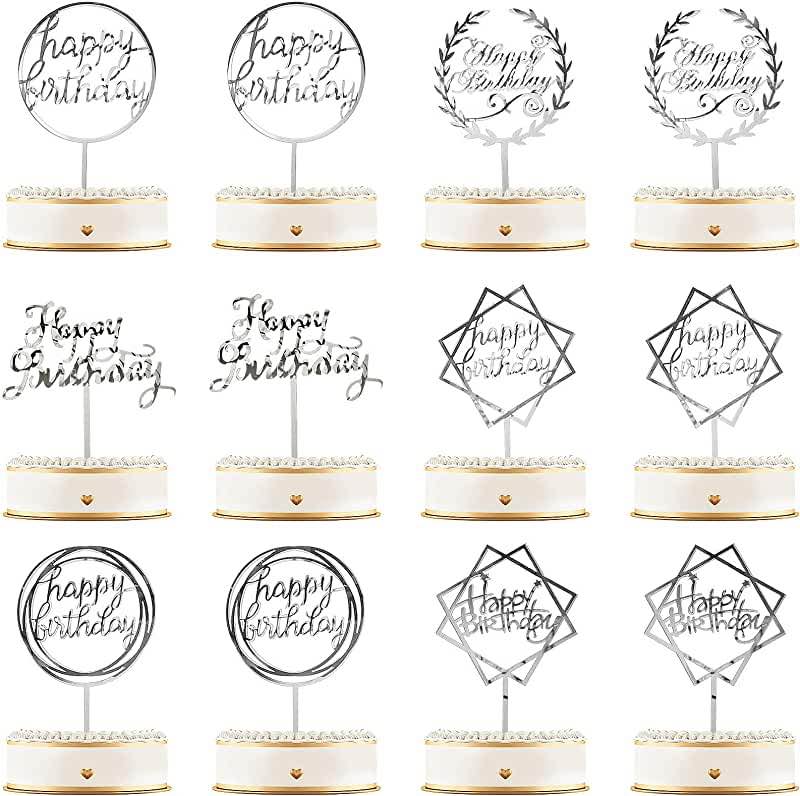 12 Pieces Acrylic Happy Birthday Cake Topper Glitter Birthday Cupcake Topper Pick Decorations for Birthday Party Cake Desserts Pastries, 6 Styles (Silver)