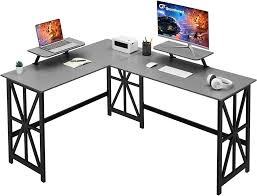 GREENFOREST L shaped desk with two monitor stand 50.4 inch reversible corner computer desk for home office study gaming workstation crafting table for small spaces saving easy assembly gray