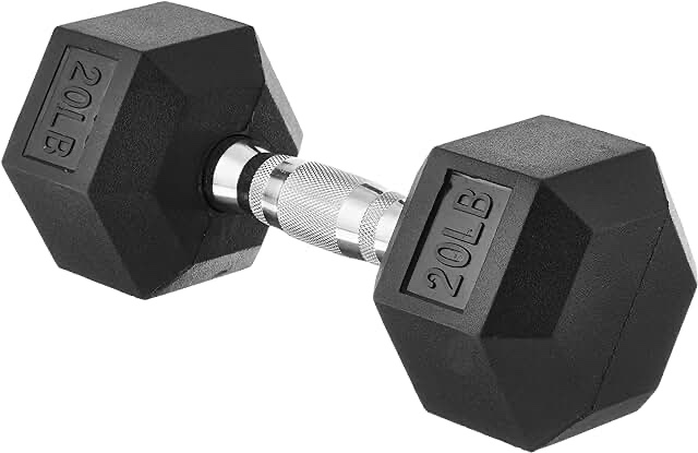 Rubber Encased Exercise & Fitness Hex Dumbbell, Single, Hand Weight For Strength Training 20lbs
