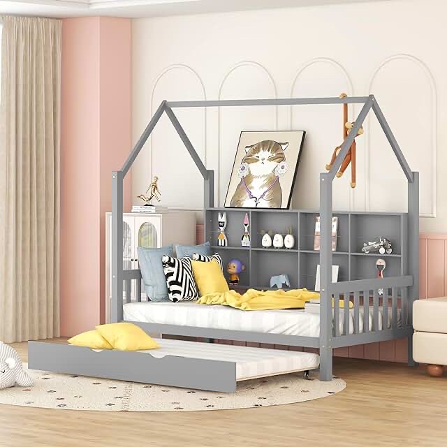 full house bed with twin size trundle-grey+white