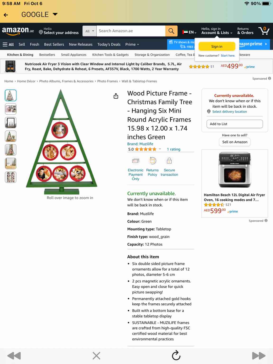 Wood Picture Frame - Christmas Family Tree - Hanging Six Mini Round Acrylic Frames 