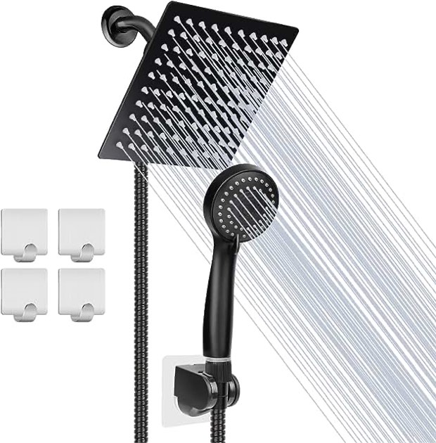 Taiker Shower Head, High Pressure 8'' Rainfall Stainless Steel Shower Head/Handheld Combo with 60'' Hose Anti-leak Shower Head with Holder, Flow Regulator, Chrome, 4 Shower Hooks Black