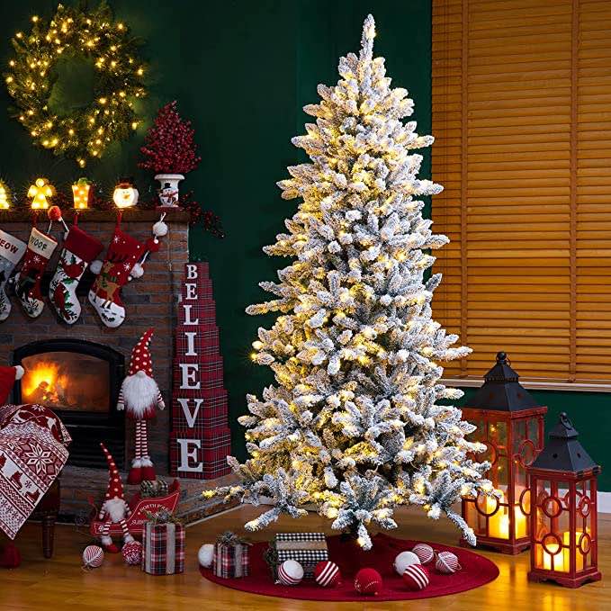 glitzhome 7.5ft pre-lit heavy flocked fir artificial Christmas pencil tree with 350 warm white lights