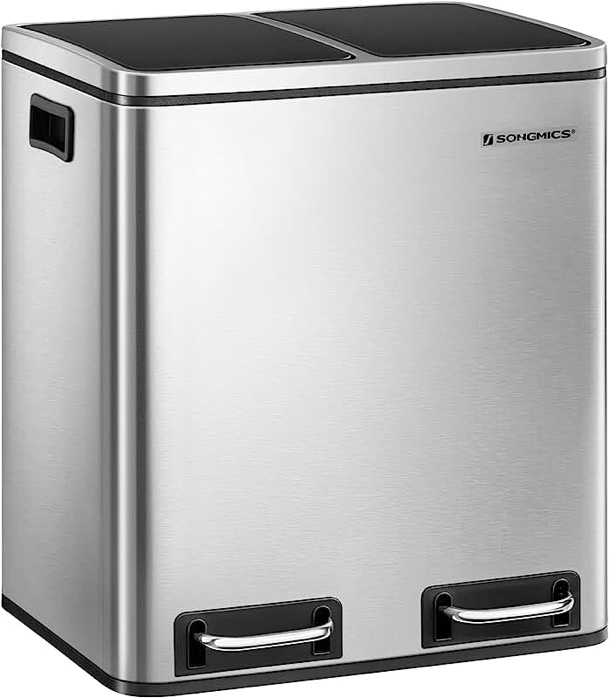 SONGMICS Dual Trash Can, 2 x 4 Gal (2 x 15L) Garbage Can, Steel Pedal Recycle Bin with Lid and Inner Buckets, for Small Kitchens, Fingerprint-Proof, Soft Closure, Airtight, Silver ULTB30H
