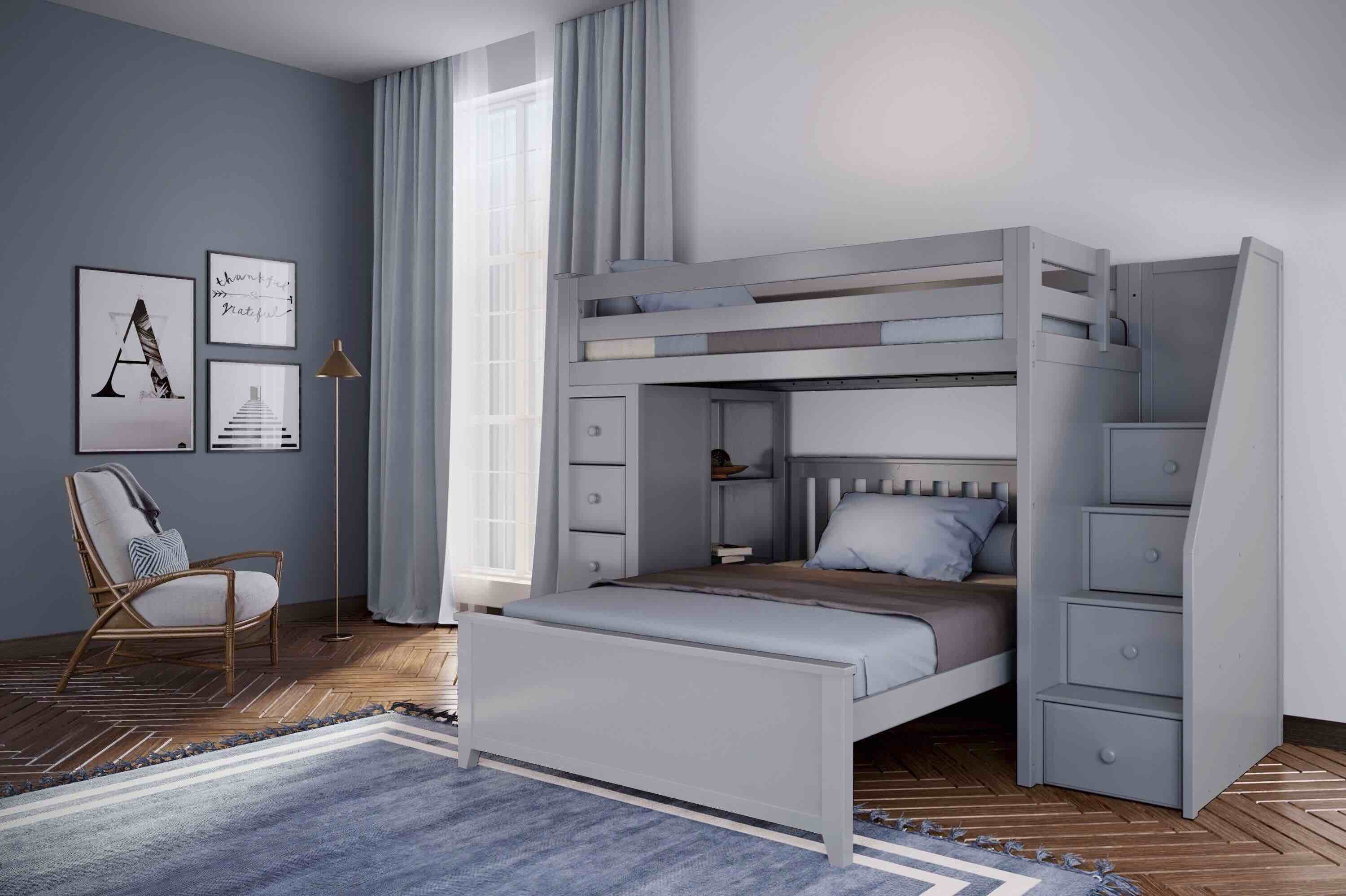 **INCOMPLETE**OXFORD 1 TWIN STAIRCASE HIGH LOFT BED IN GREY W/DRESSER AND BOOKCASE W/FULL BED