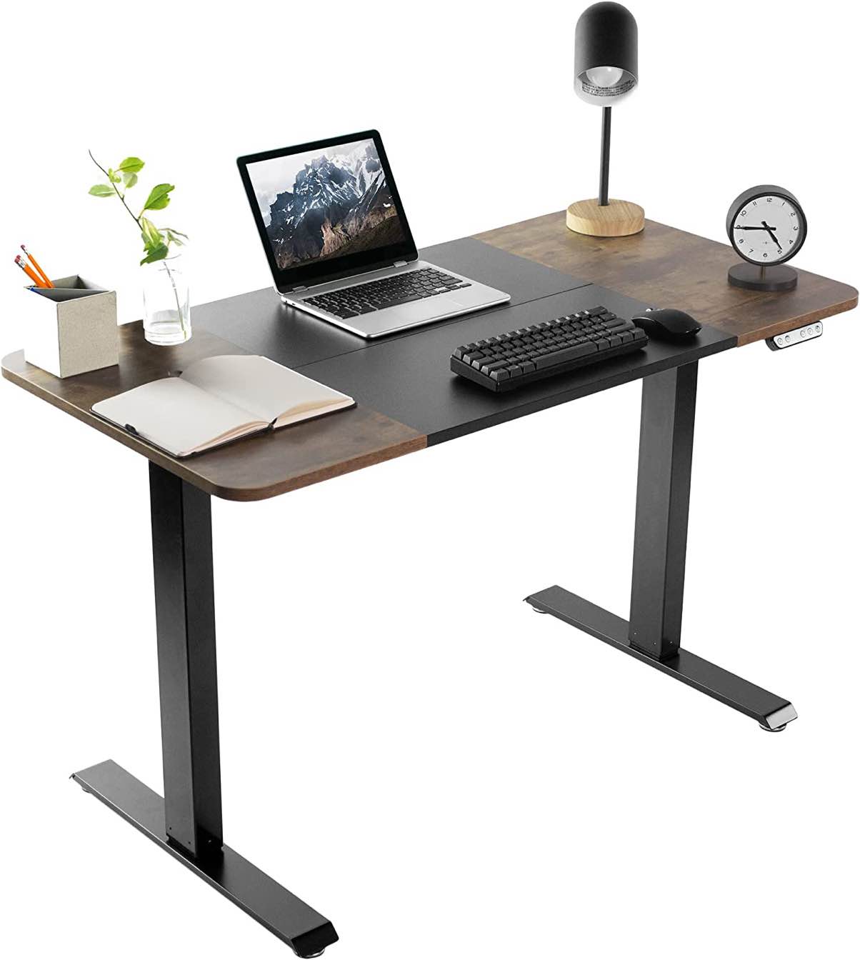 Electric Height Adjustable 47 x 24 inch Stand Up Desk, Standing Workstation (Frame and Table Top) with Memory Controller, Black and Rustic Vintage Brown, DESK-E144BN