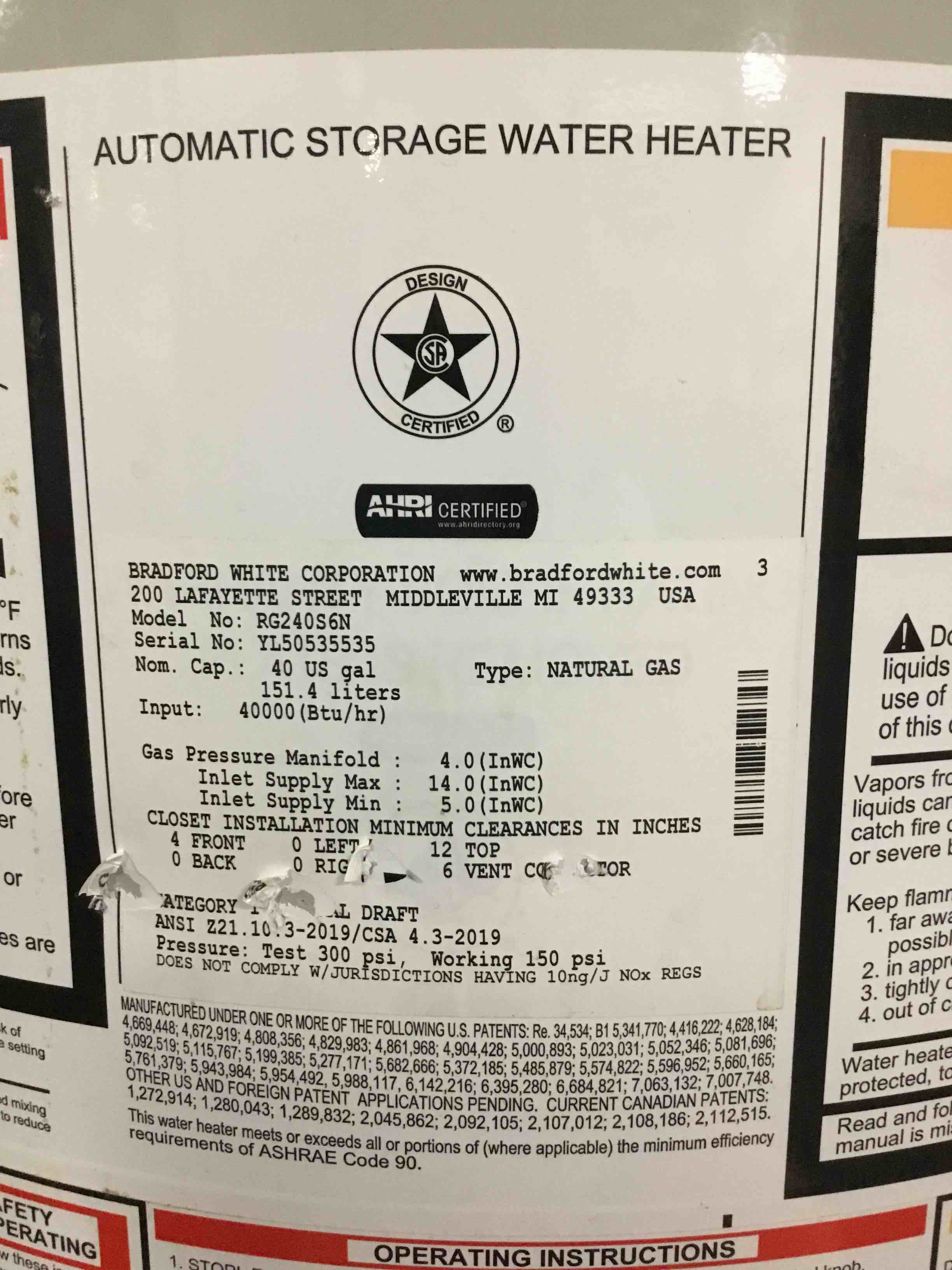 Bradford White 40 Gal. Natural Gas Automatic Storage Water Heater