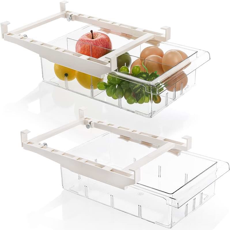 Yesland 2 Pcs Fridge Drawer Organizer with Handle and 4 Divided Sections - Pull-out Refrigerator Storage Drawers Bins and Refrigerator Storage Box - Clear Container for 0.6'' Fridge Shelf