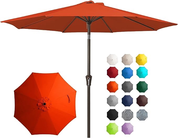 JEAREY 9FT Outdoor Patio Umbrella Outdoor Table Umbrella with Push Button Tilt and Crank, Market Umbrella 8 Sturdy Ribs UV Protection Waterproof for Garden, Deck, Backyard, Pool (Orange)