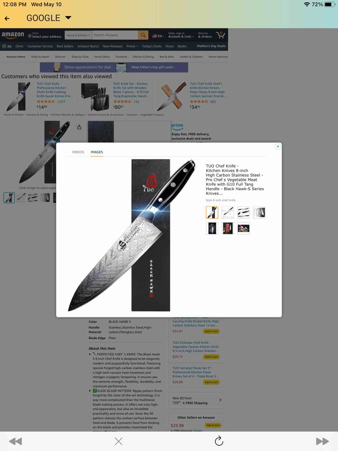 Roll over image to zoom in 6 VIDEOS TUO Chef Knife - Kitchen Knives 8-inch High Carbon Stainless Steel - Pro Chef s Vegetable Meat Knife with G10 Full Tang Handle - Black Hawk-S Series Knives Including Gift Box Visit the TUO Store 4.5 4.5 out of 5 stars 948 ratings $25.61$25.61 FREE Returns
