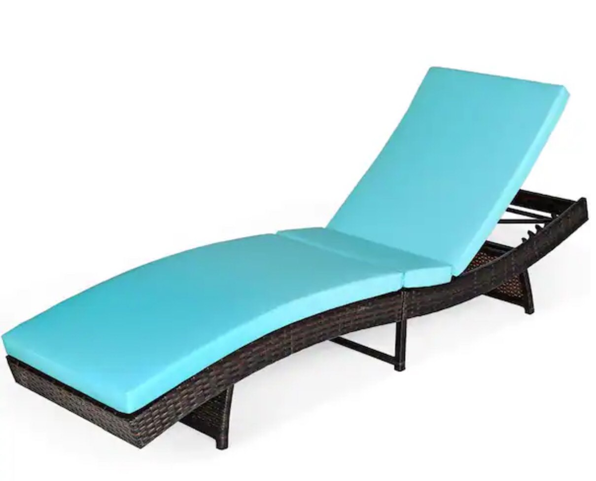 Armless Folding Height Adjustable Plastic Rattan Outdoor Lounge Chair with Turquoise Cushions