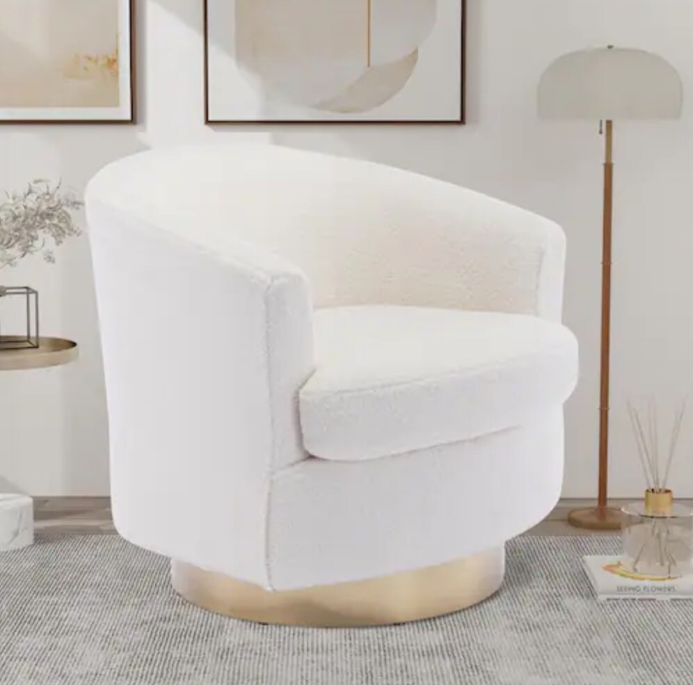Ivory Boucle Swivel Barrel Chair Modern Accent Chair Comfy Arm Chair with Golden Base