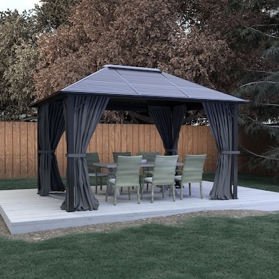 VEIKOUS 12-ft x 10-ft Hard top Black Metal Rectangle Screened Gazebo with Steel Roof INCOMPLETE 