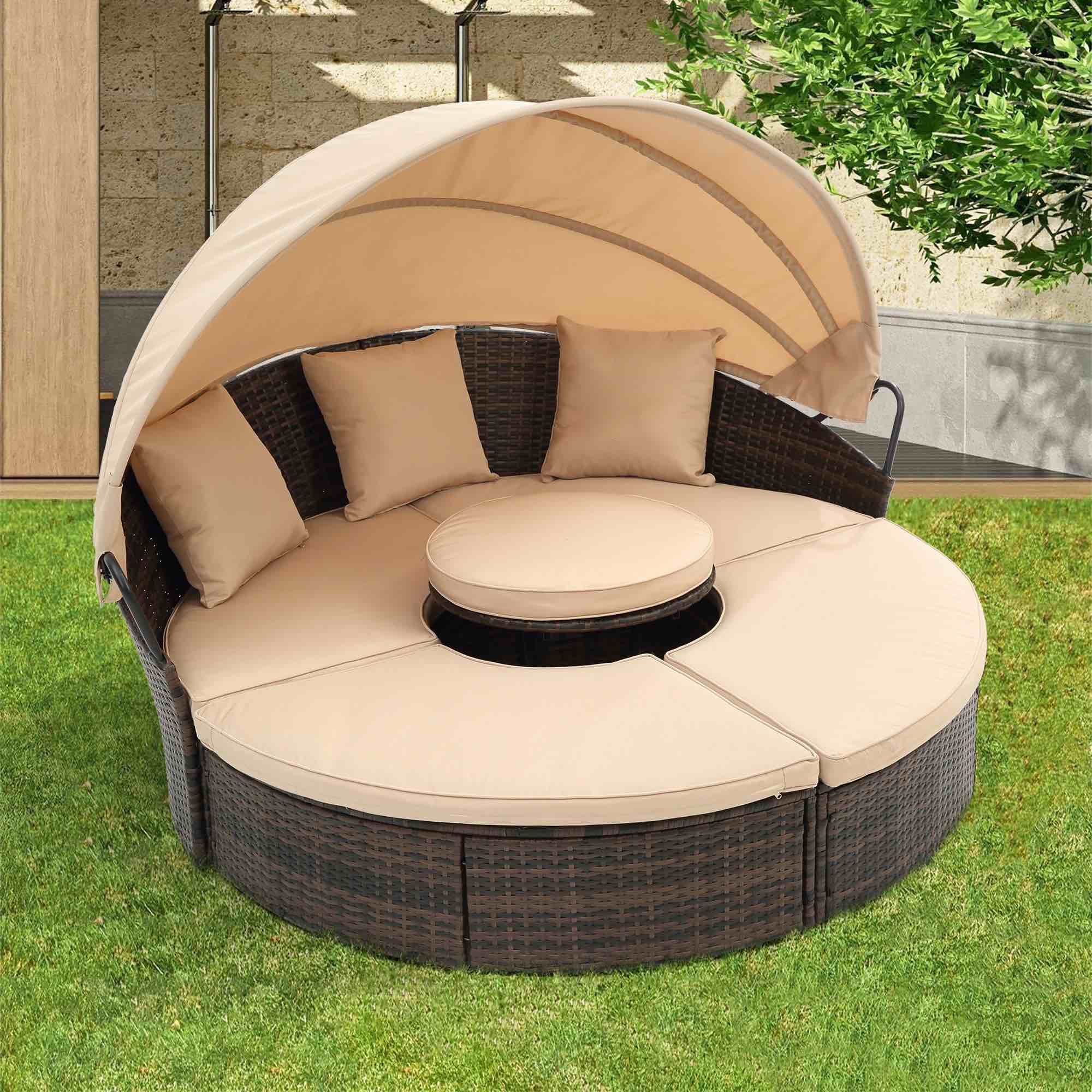 Modern Outdoor Rattan Round Bed Lounge with Canopy Bali Canopy Bed Outdoor, Wicker Outdoor Daybed with Lift Coffee Table (incomplete)