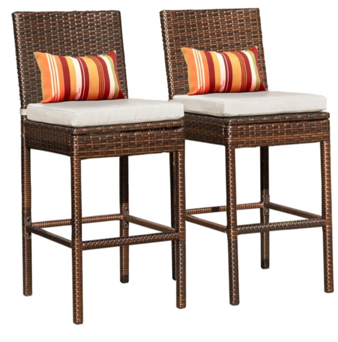 Sundale Outdoor Wicker Bar Stools 30 Inch Seat Height Set of 2, Patio Rattan Barstool Counter Stools wth Back Rest, High Chair with Pillow & Beige Cushion, All-Weather Armless Tall Pub Brown Seating